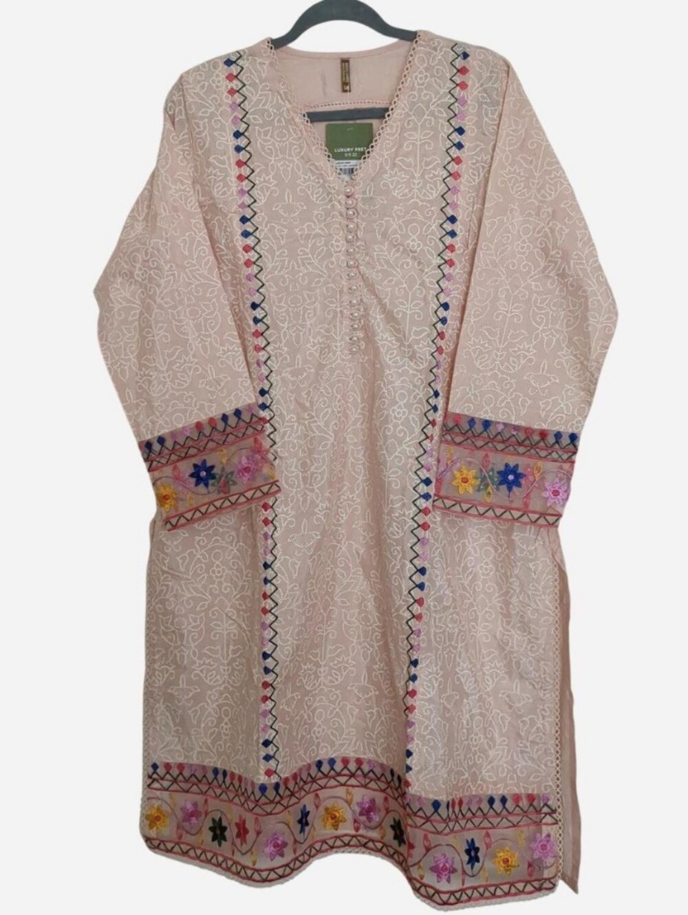 Beechtree Luxury Pret Embroidered Raw Silk Kurta Shirt Beige Sz 14